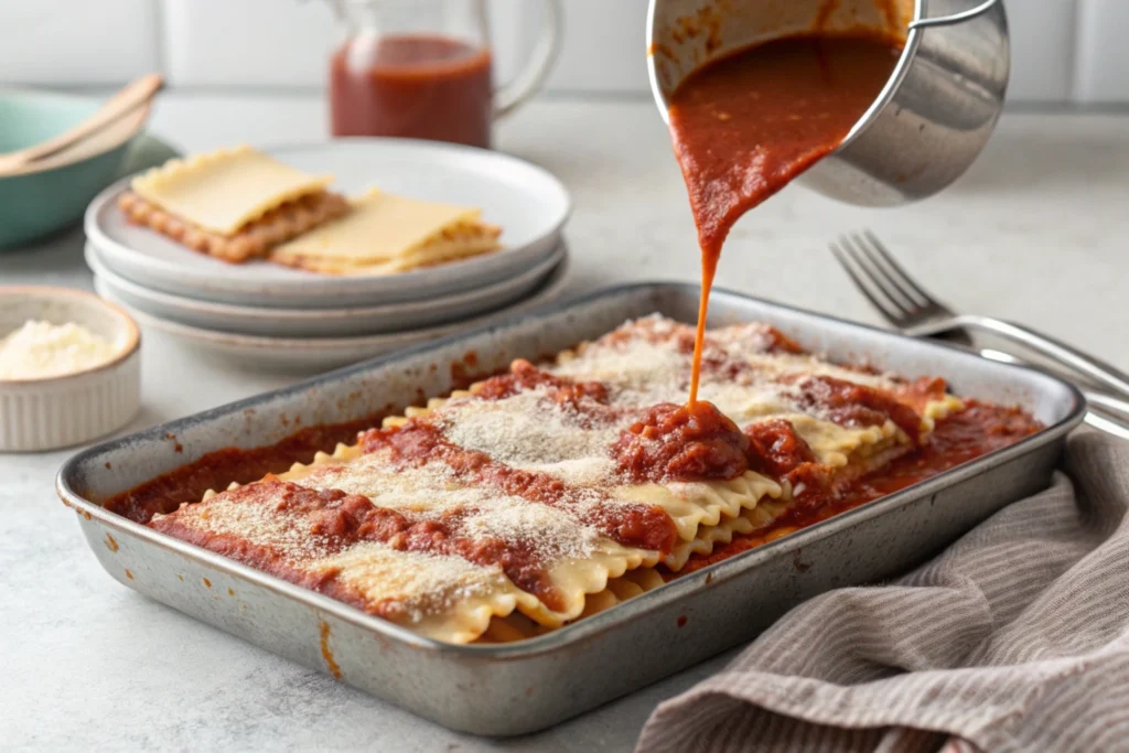 Sauce being spread on gluten-free lasagna noodles.