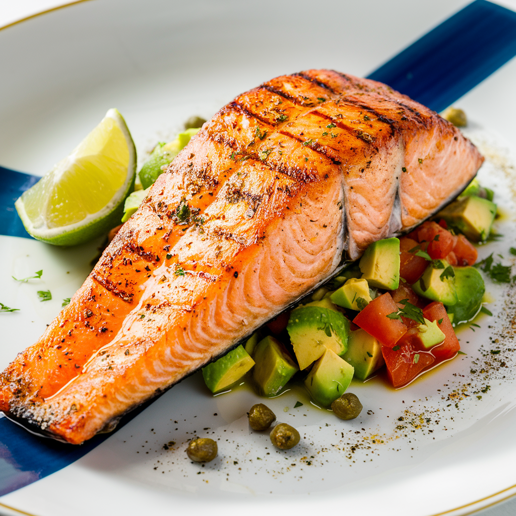 A plate of grilled salmon with avocado and poached eggs.