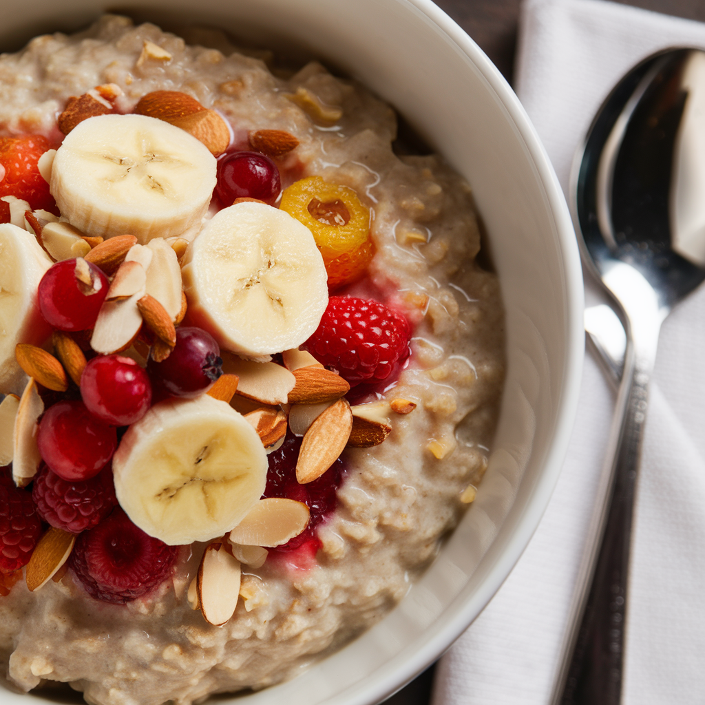 A bowl of oatmeal with banana slices, berries, and nuts on top