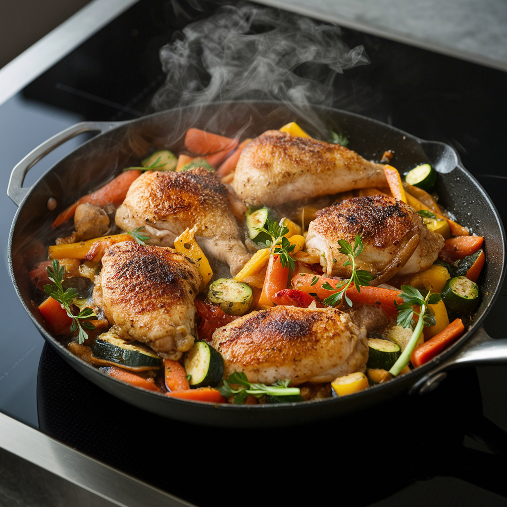 A skillet with chicken and colorful vegetables being sautéed