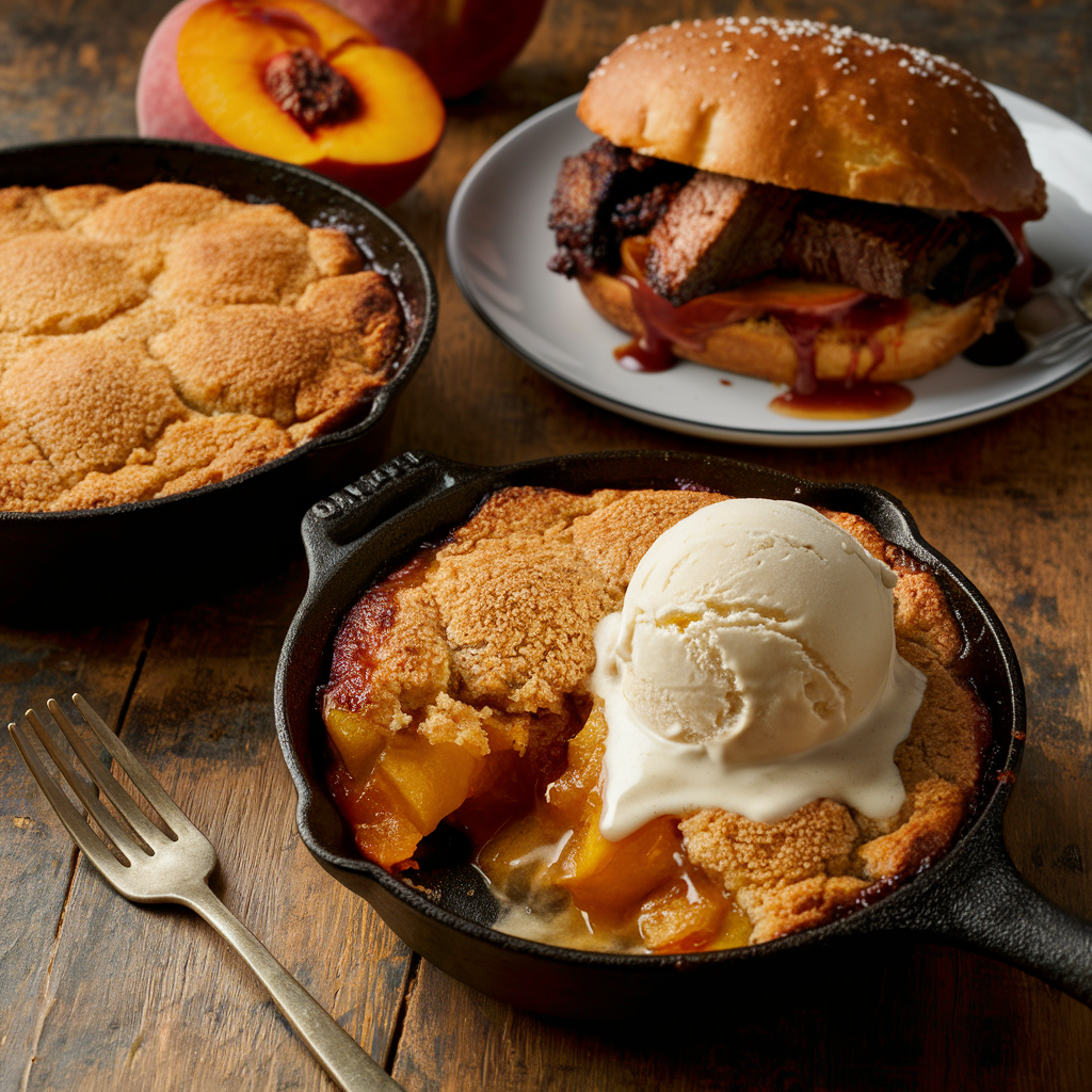 Peach cobbler as a dessert for brisket sandwiches.