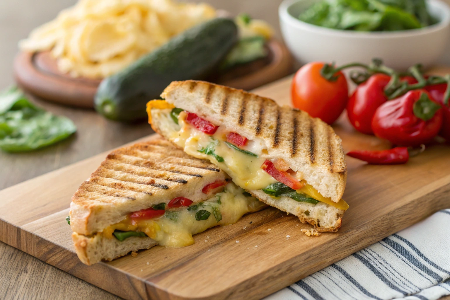 A grilled panini with golden grill marks and melted cheese