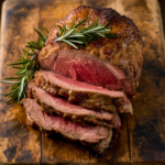 Sous vide prime rib roast sliced to reveal a medium-rare center.