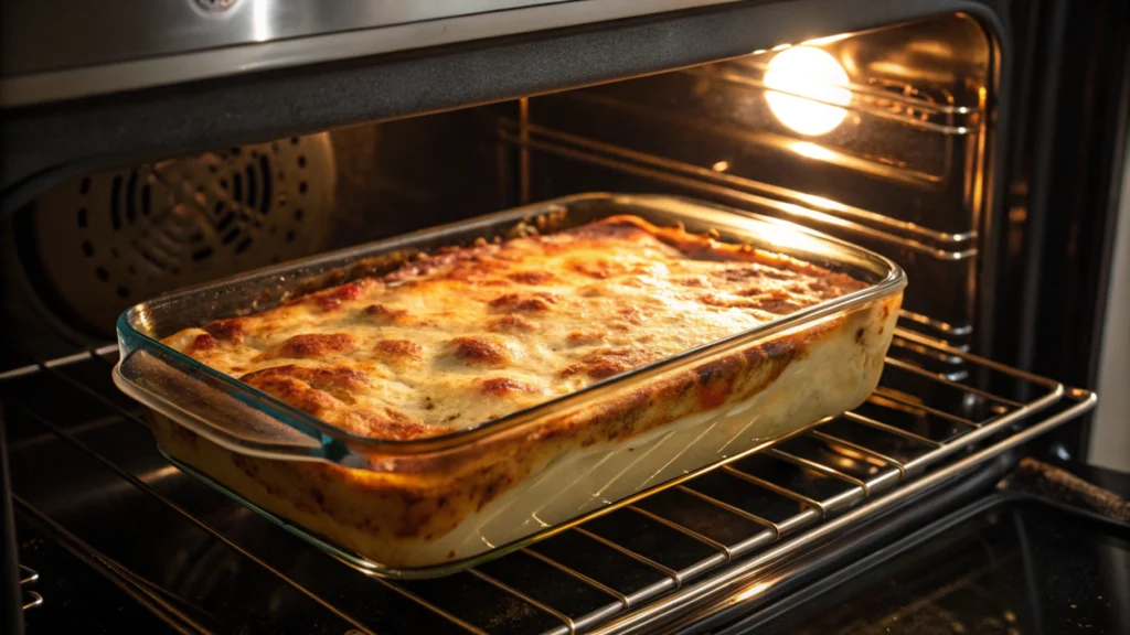 Lasagna baking in an oven with golden cheese topping