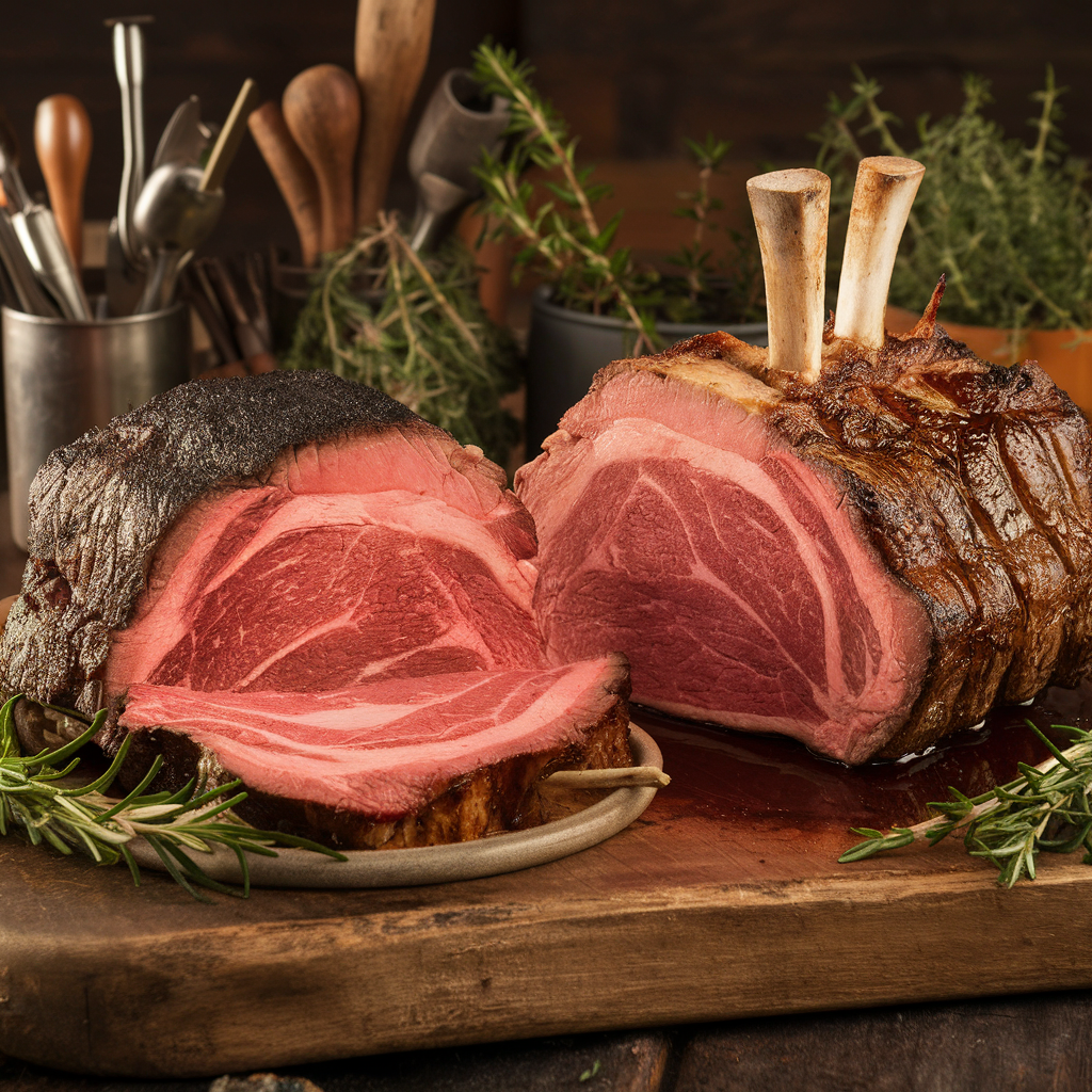 Prime rib and standing rib roast comparison on a cutting board.