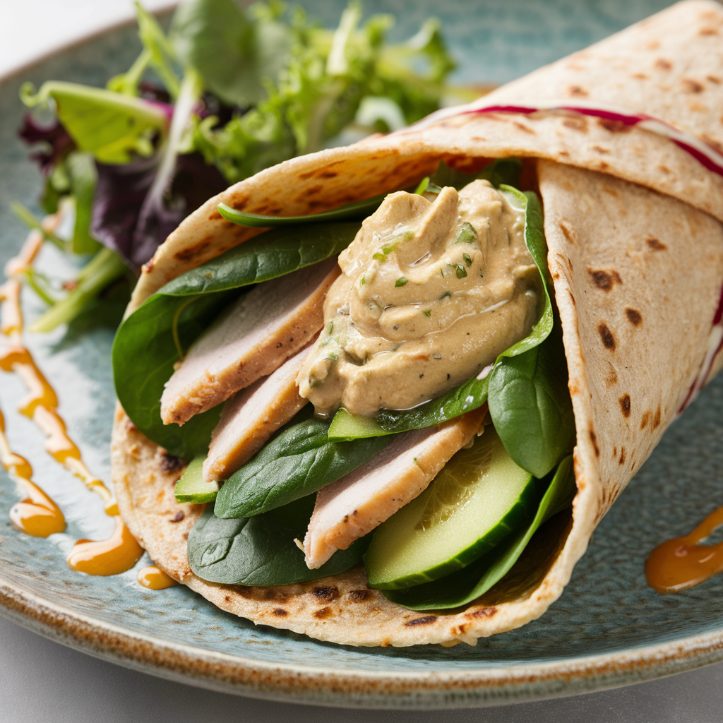 A Weight Watchers-friendly turkey and veggie wrap with a side of mixed greens.