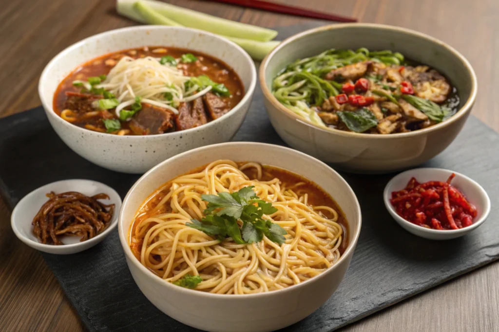 Multiple bowls of hot and sour noodles showcasing regional variations.