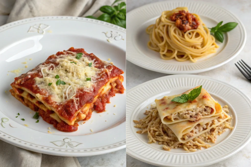 Side-by-side comparison of regular and gluten-free lasagna slices.