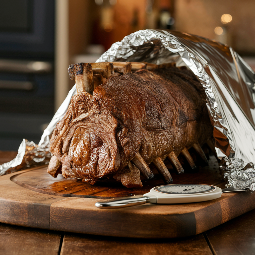 A resting standing rib roast after cooking