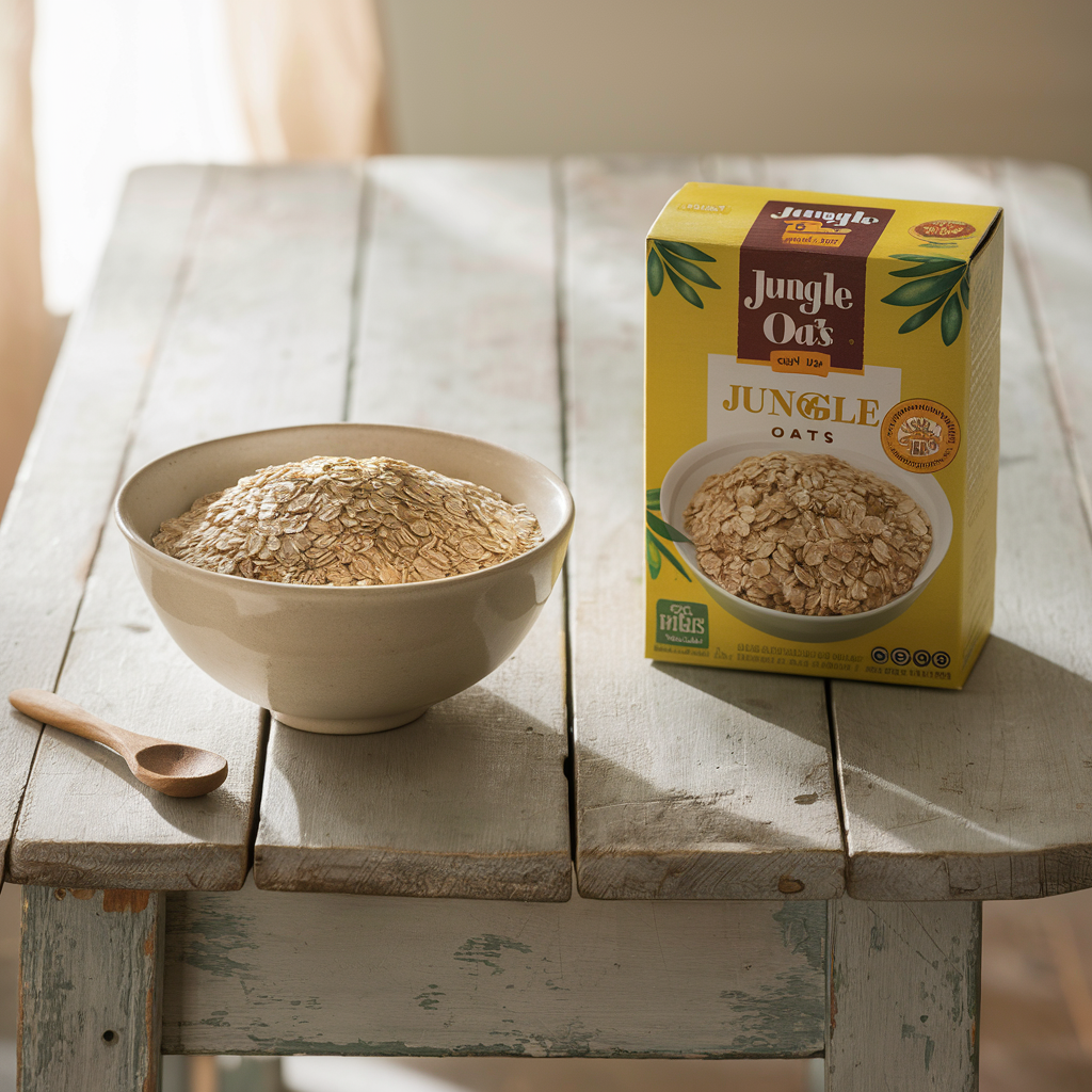 Bowl of rolled oats and a box of Jungle Oats side by side on a wooden table