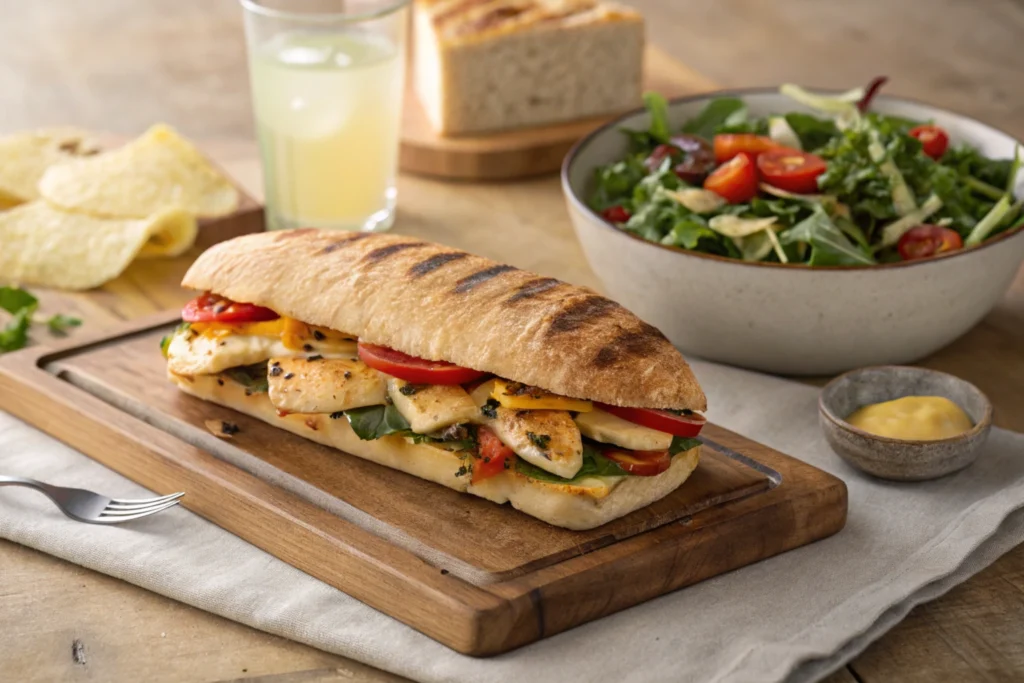 A freshly made ciabatta panini sandwich on a wooden board with a salad and lemonade