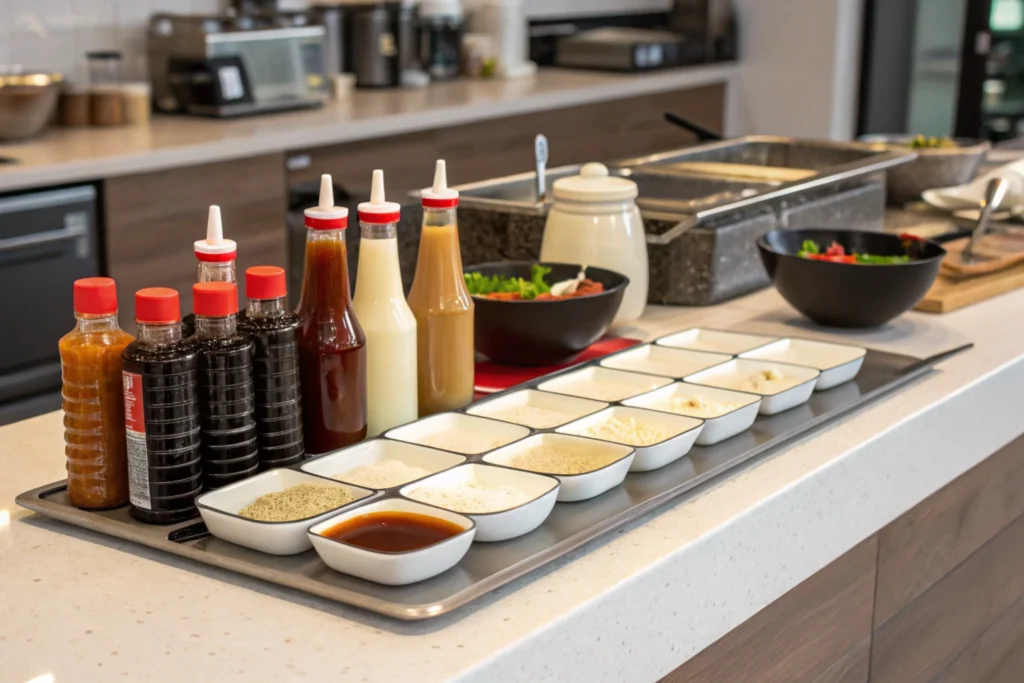 A variety of sauces and condiments for enhancing noodles