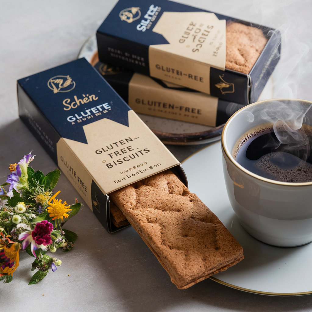 Schär gluten-free biscuits in their signature yellow packaging