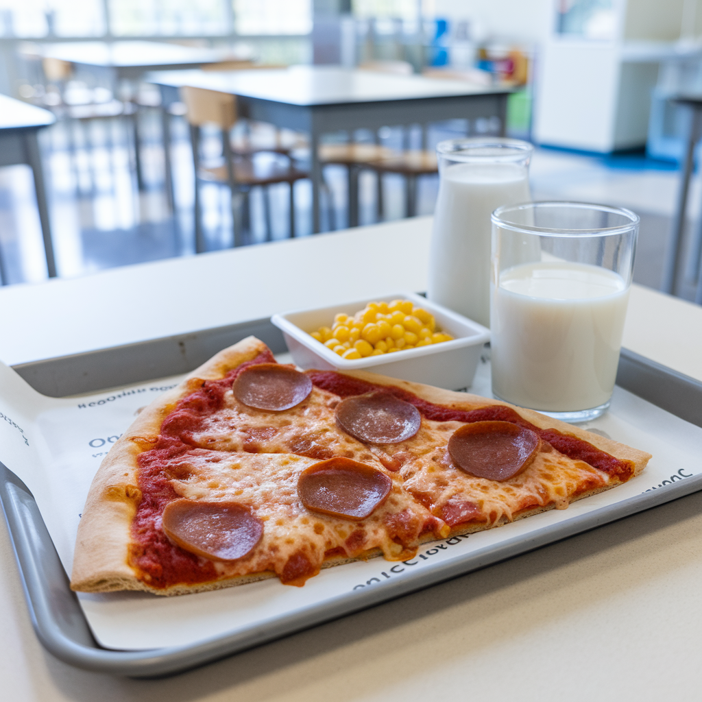 A classic slice of school pizza served in a cafeteria