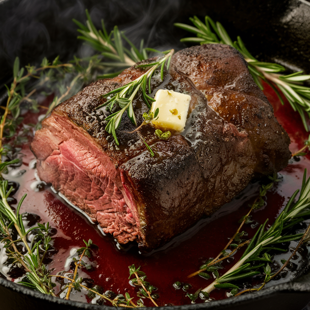 Prime rib searing in a skillet with butter and herbs.