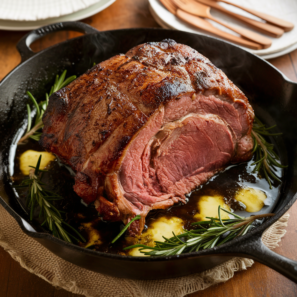 Prime rib roast searing in a cast-iron skillet with butter and rosemary.