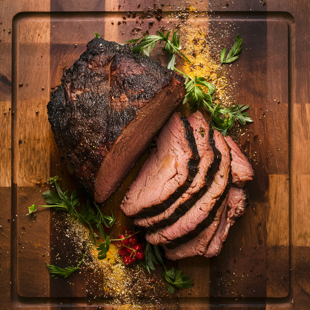 A seasoned brisket on a wooden cutting board with spices and herbs