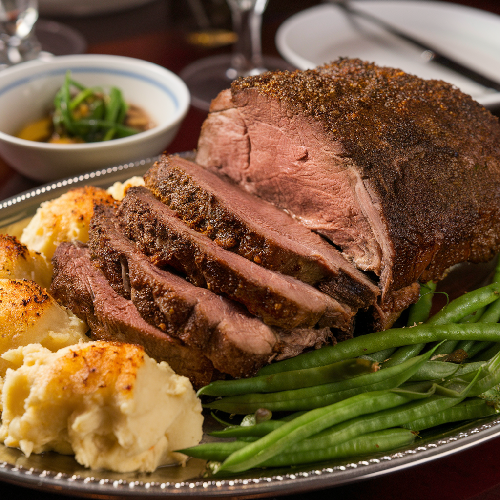 Carved sous vide prime rib served with classic side dishes.