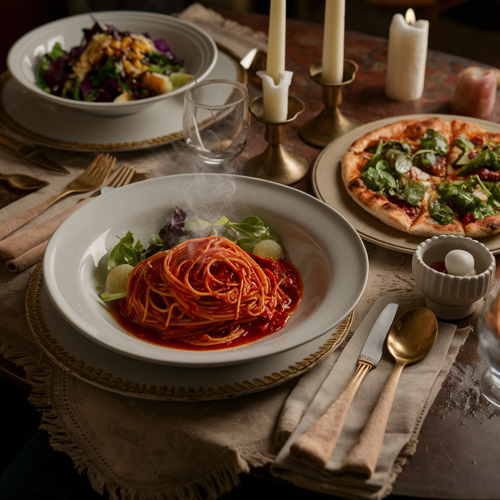 A table with simple solo dinner plates including pasta, salad, and a personal pizza.