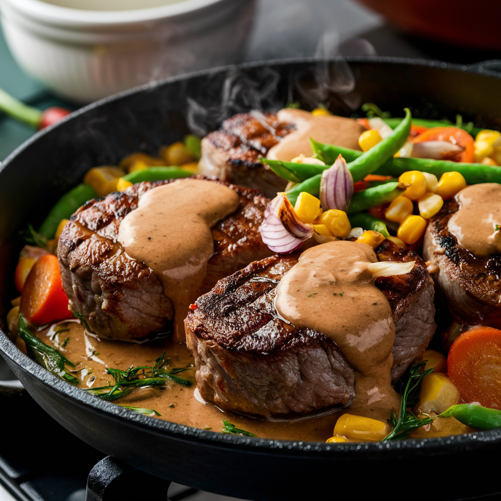 A sizzling plate of Beef Pepper Rice with fresh ingredients