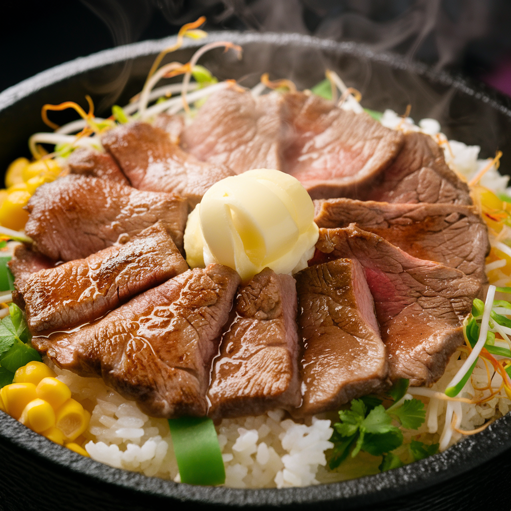 A sizzling plate of Pepper Lunch beef with rice and vegetables