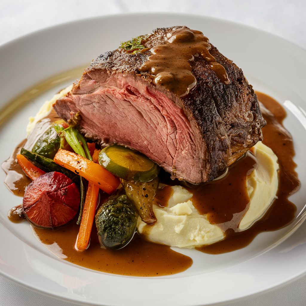 Prime rib served with mashed potatoes and roasted vegetables