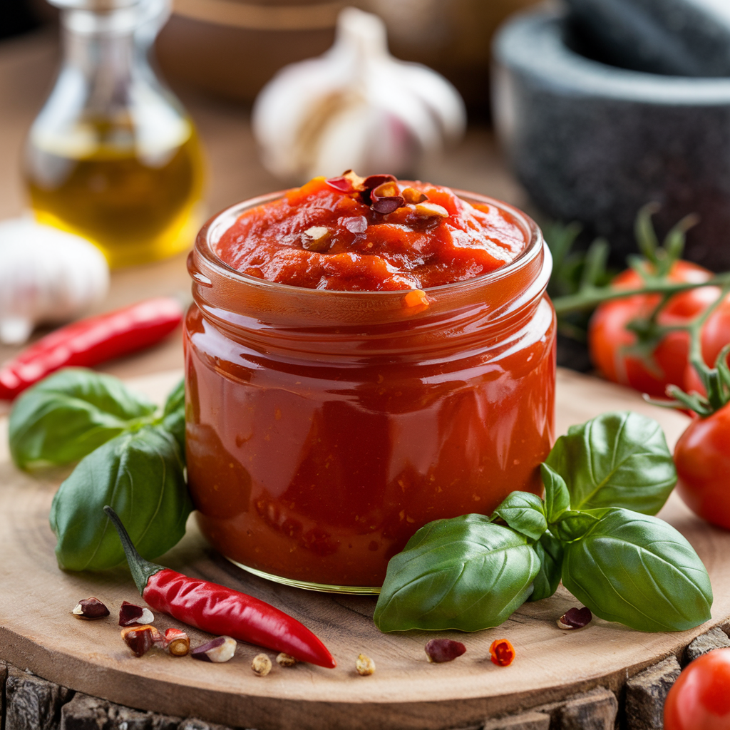 A jar of spicy tomato sauce with chili flakes on top.