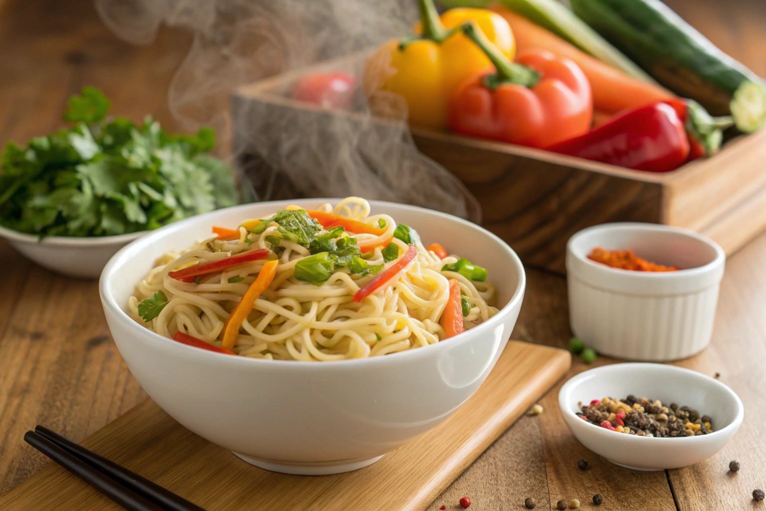 Steaming bowl of noodles with vegetables and seasonings