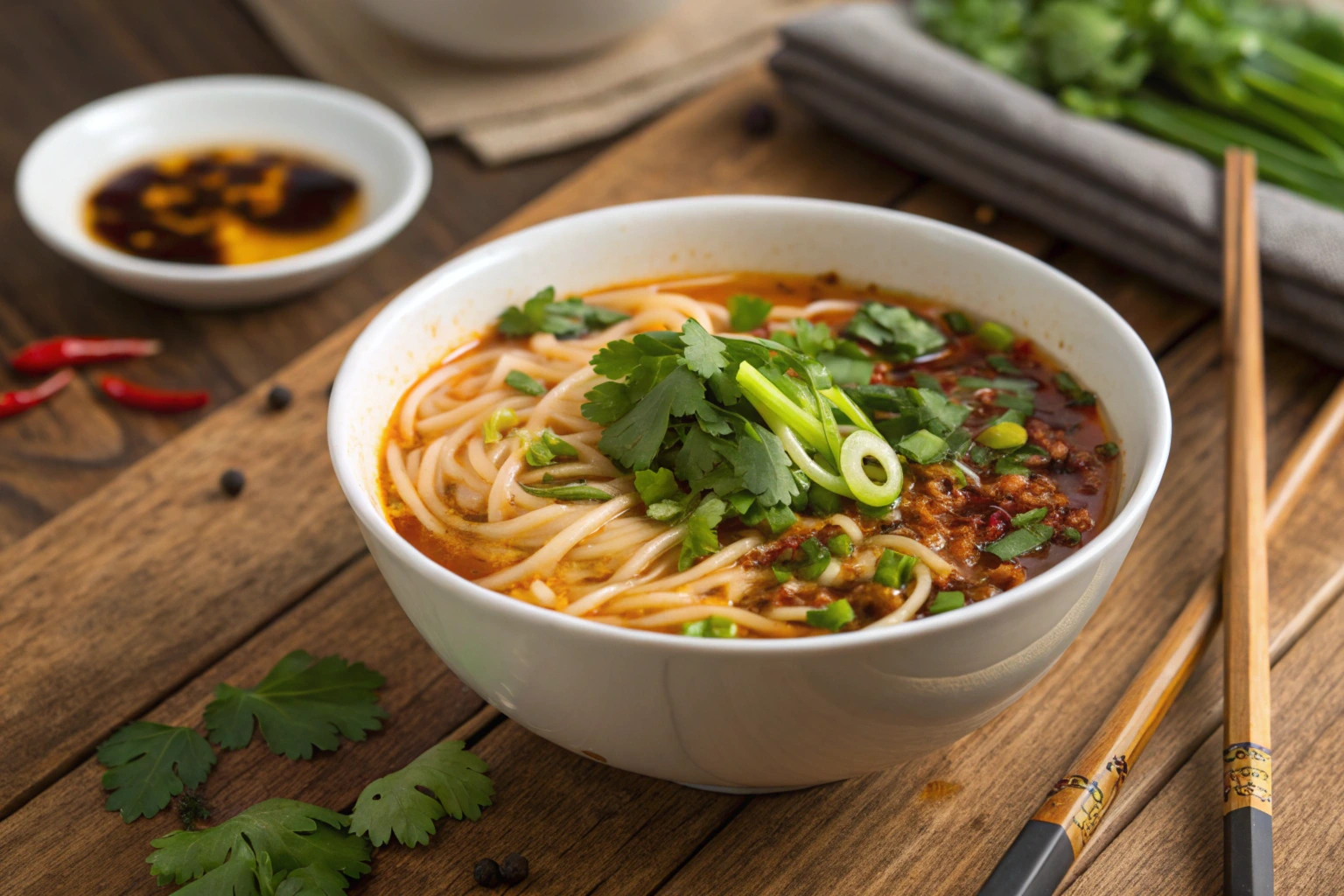 Steaming bowl of hot and sour noodles garnished with green onions and chili oil.