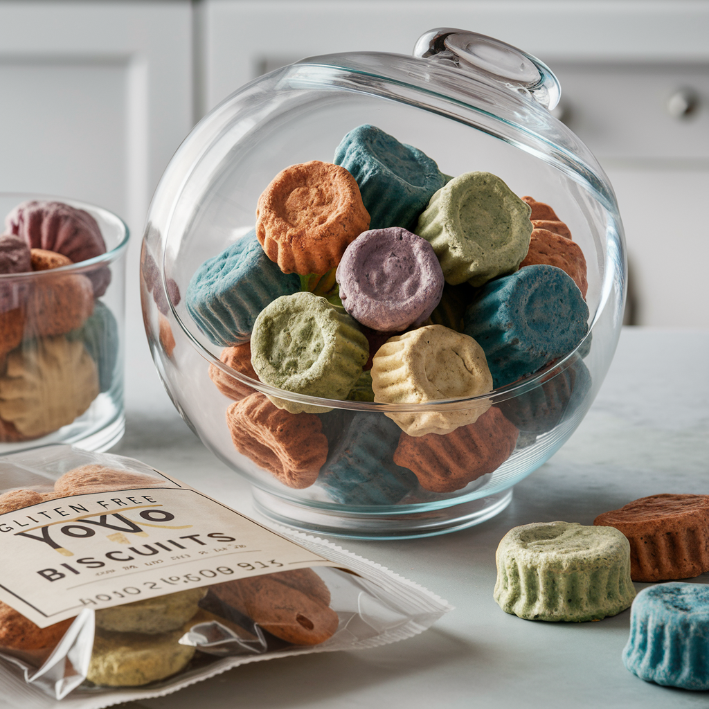 Gluten-free Yoyo biscuits in a glass container and a labeled freezer bag