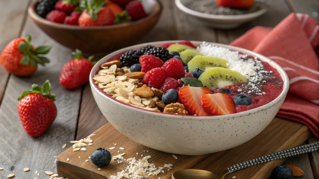 Strawberry raspberry acai bowl with fresh toppings on a wooden table