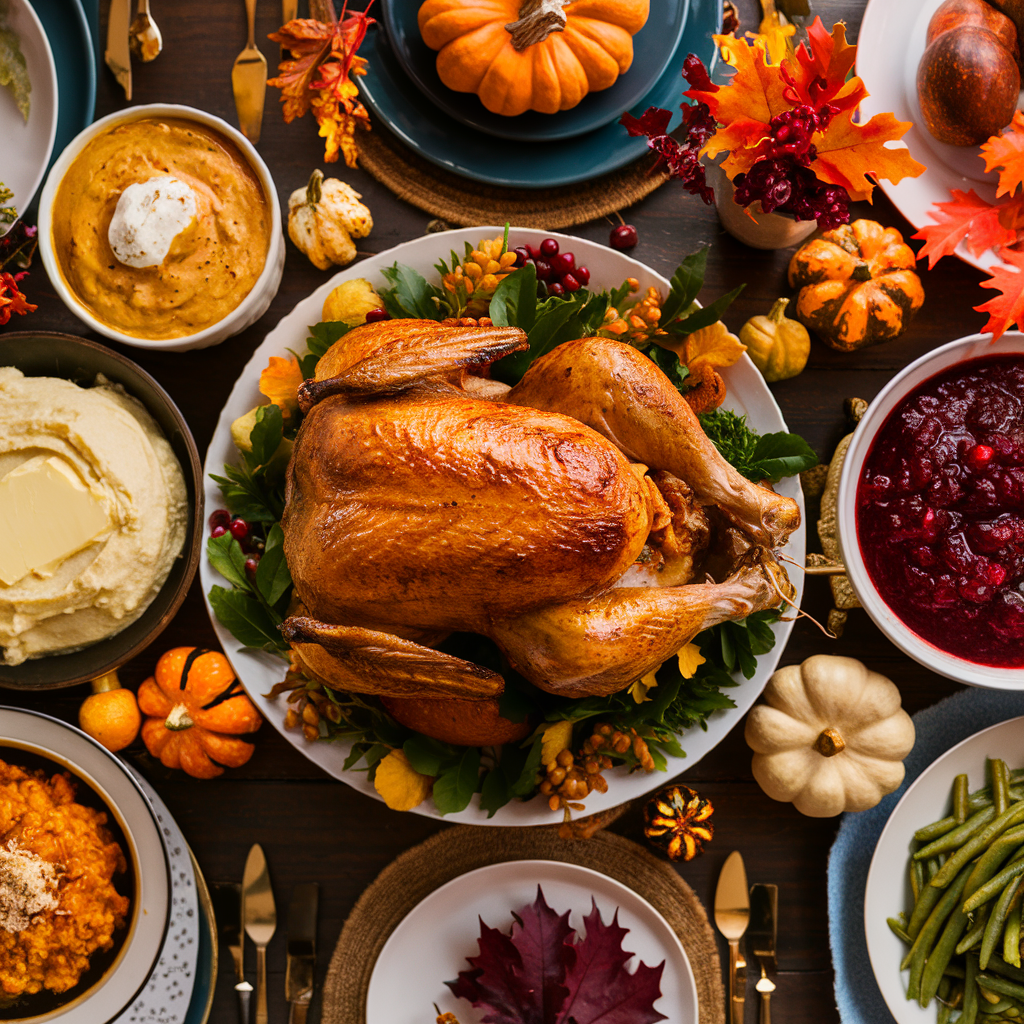 A warm and inviting Thanksgiving table with turkey and side dishes.