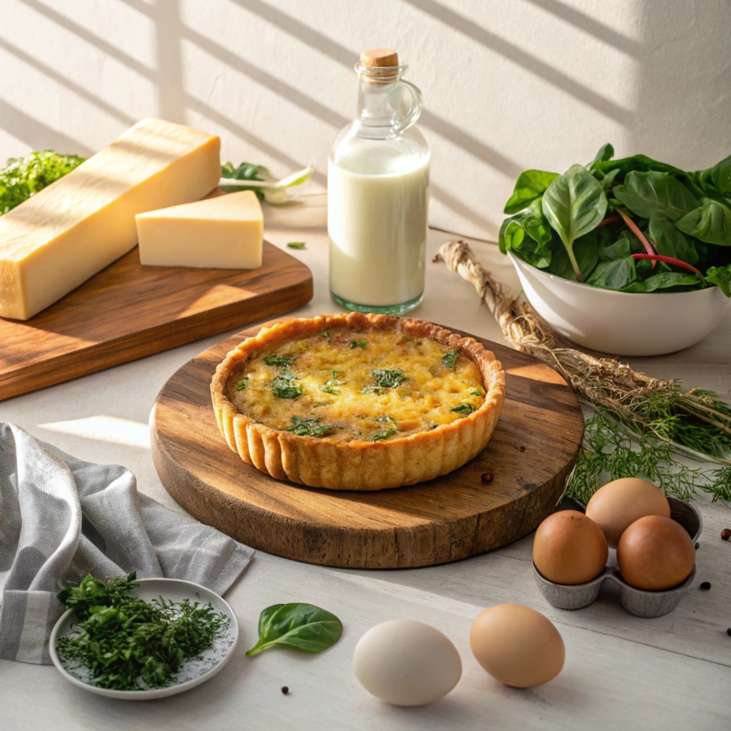 A freshly baked quiche with ingredients arranged around it