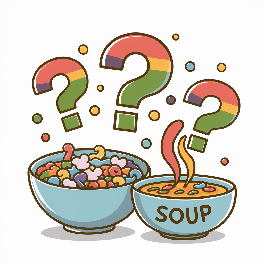  A fun graphic of question marks over cereal and soup bowls.