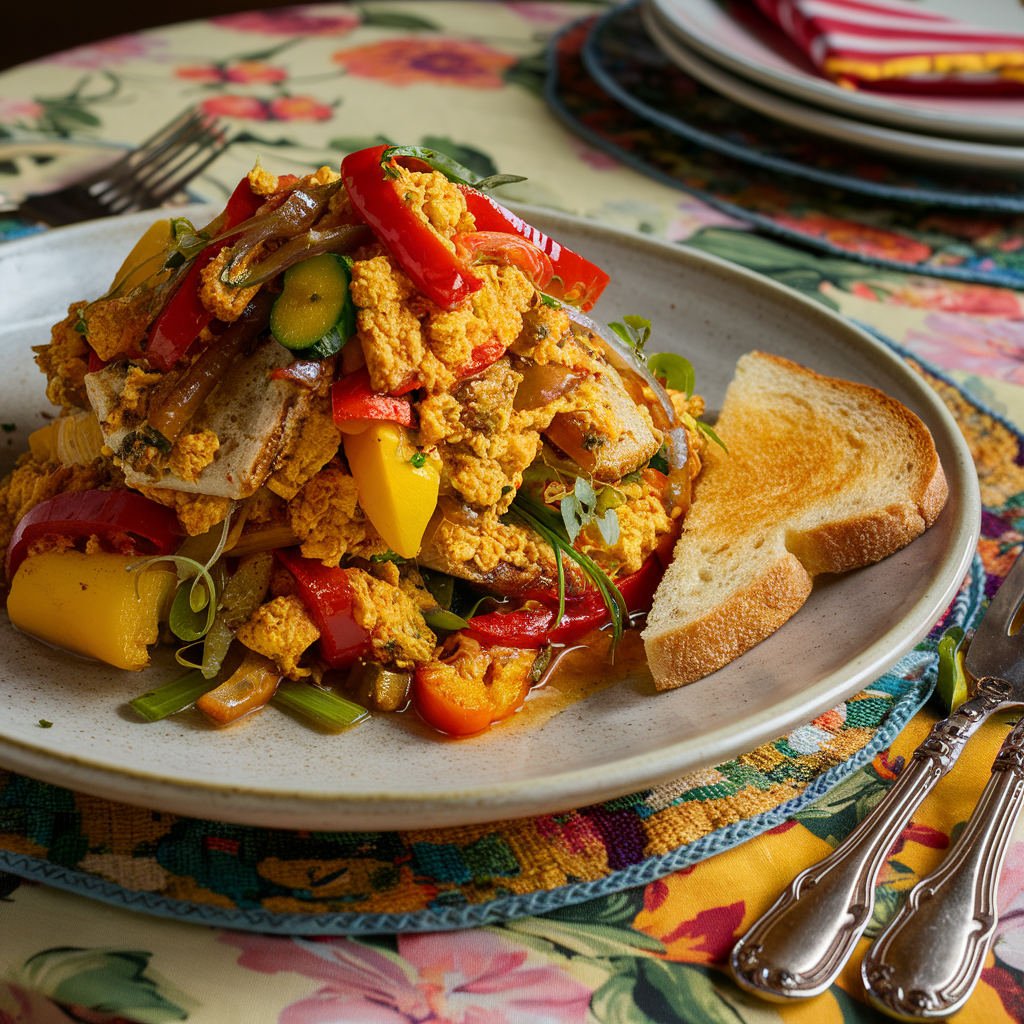 A plate of tofu scramble with vegetables and toast.