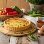 A tortilla crust quiche surrounded by vegetables