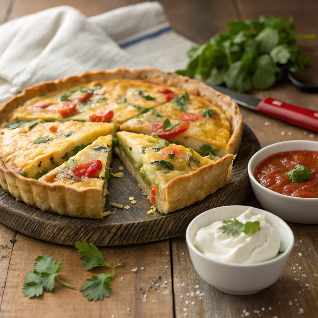 Tortilla Quiche Bake sliced and garnished with fresh herbs, served with salsa and sour cream