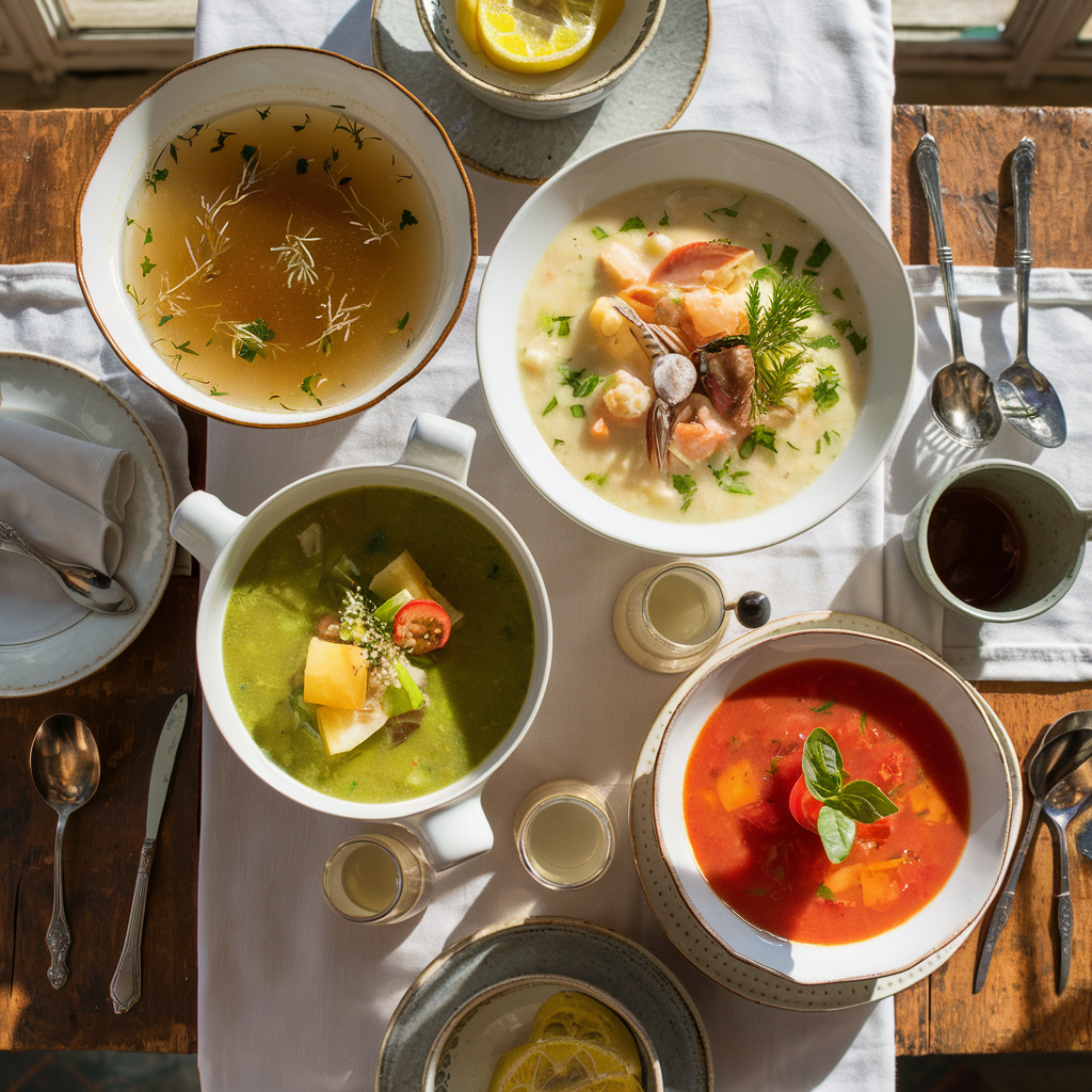  A variety of soups in bowls, from broth to cream-based