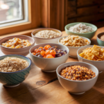 Variety of cereals in bowls, including rice, oats, and cornflakes