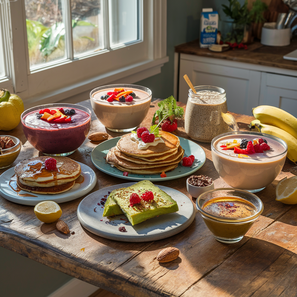 A vibrant vegan breakfast spread with smoothie bowls, pancakes, avocado toast, and chia pudding, surrounded by fresh fruits and nuts