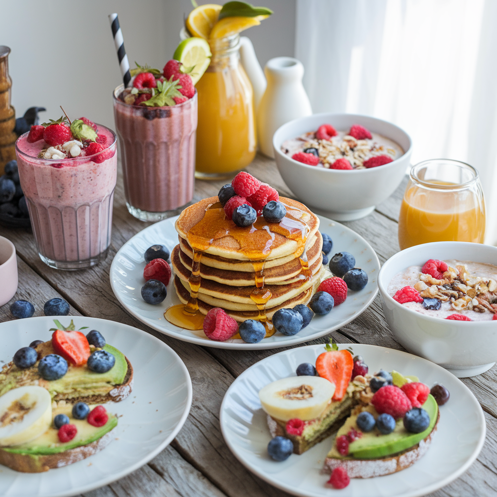 A vibrant vegan breakfast spread with smoothie bowls, pancakes, avocado toast, and overnight oats on a rustic wooden table