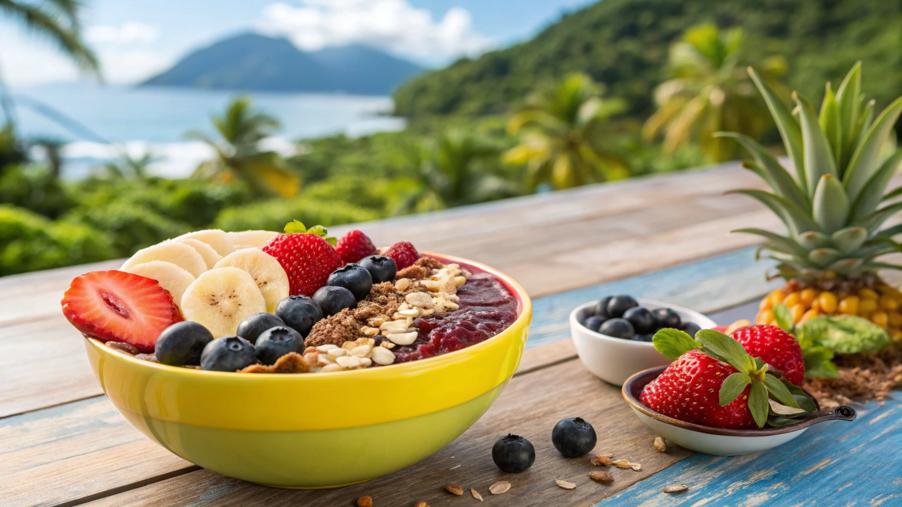 A colorful acai bowl with fresh fruit toppings on a wooden table