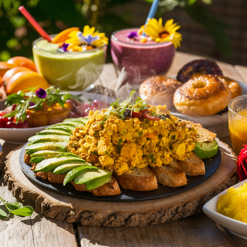 A colorful vegan brunch spread on a rustic table