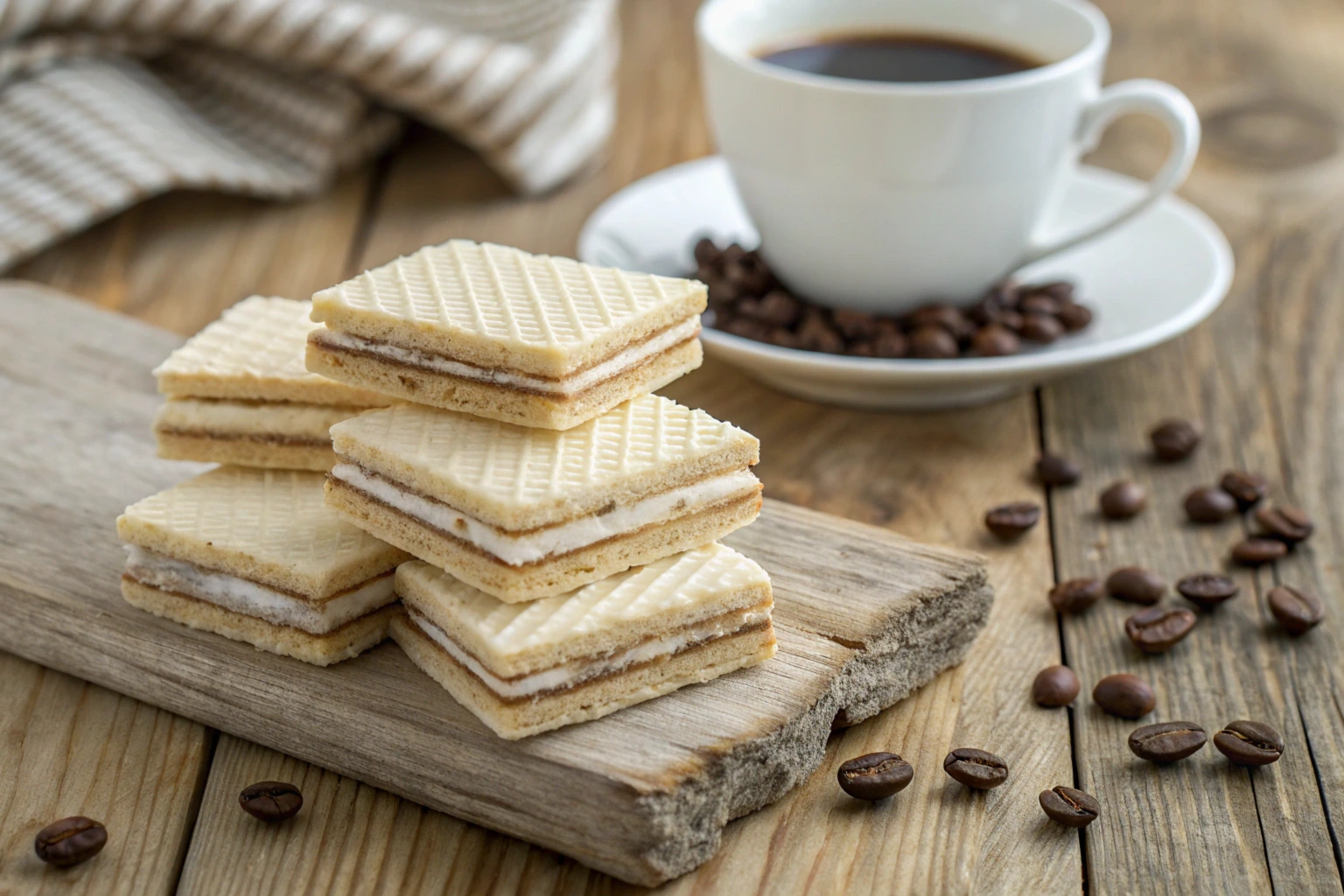 Stack of wafer cookies with cream filling beside a cup of coffee