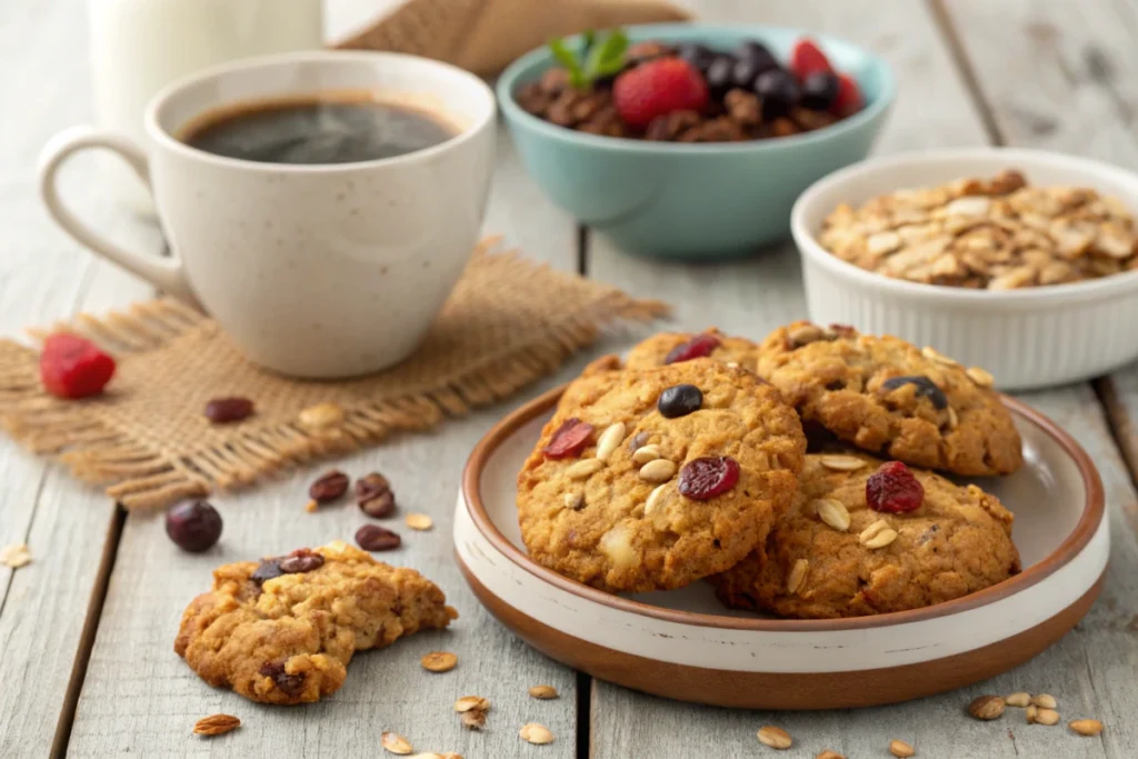 A plate of freshly baked breakfast cookies with a cup of coffee and fruit