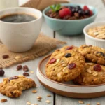 A plate of freshly baked breakfast cookies with a cup of coffee and fruit