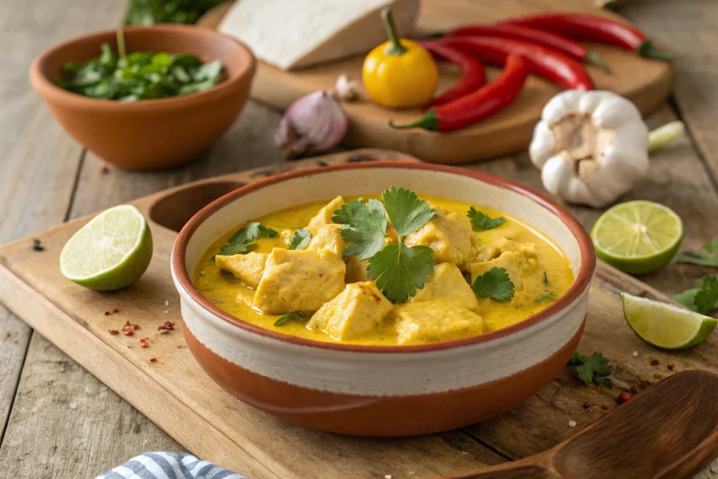  Churu Chicken Amarillo dish with creamy yellow sauce, garnished with cilantro and lime