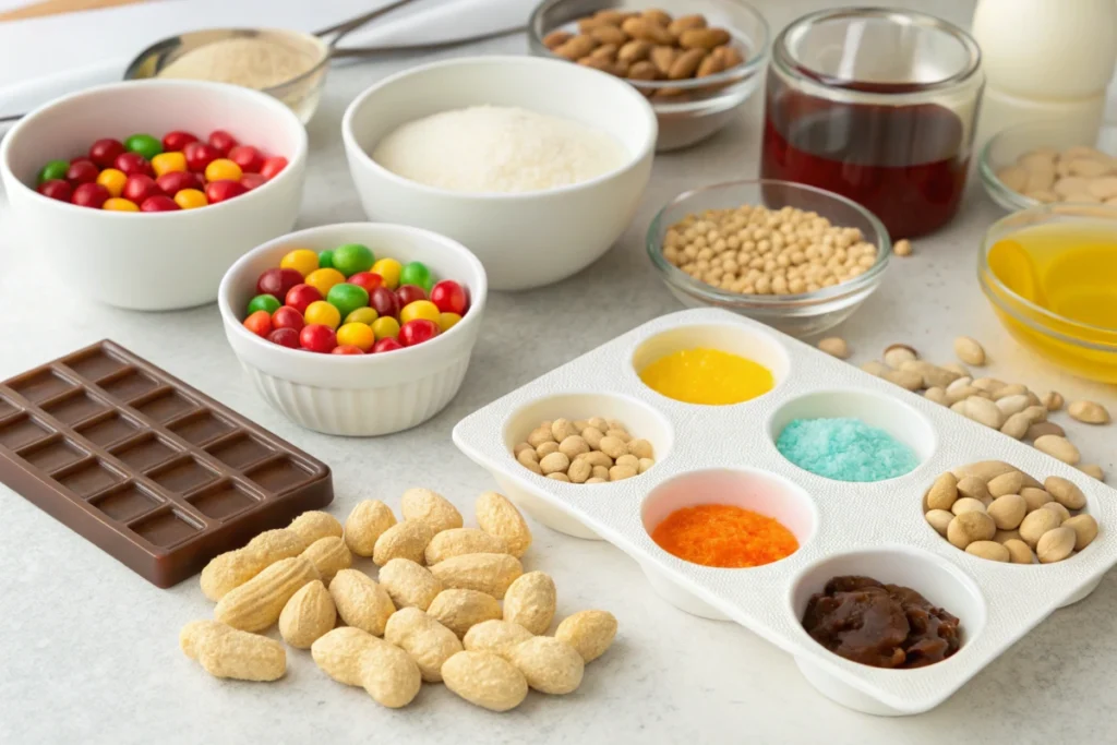 Ingredients for making circus peanuts with molds on a countertop