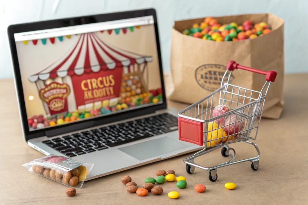 Online store featuring circus peanuts and candy shopping cart