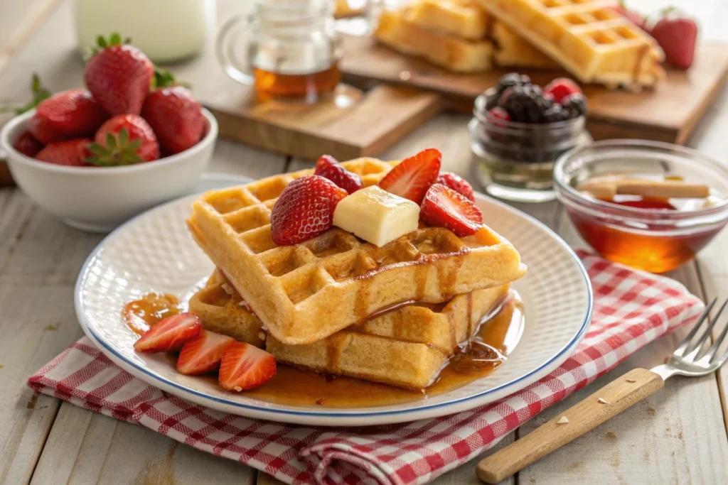 Golden waffles with butter, syrup, and strawberries on a table